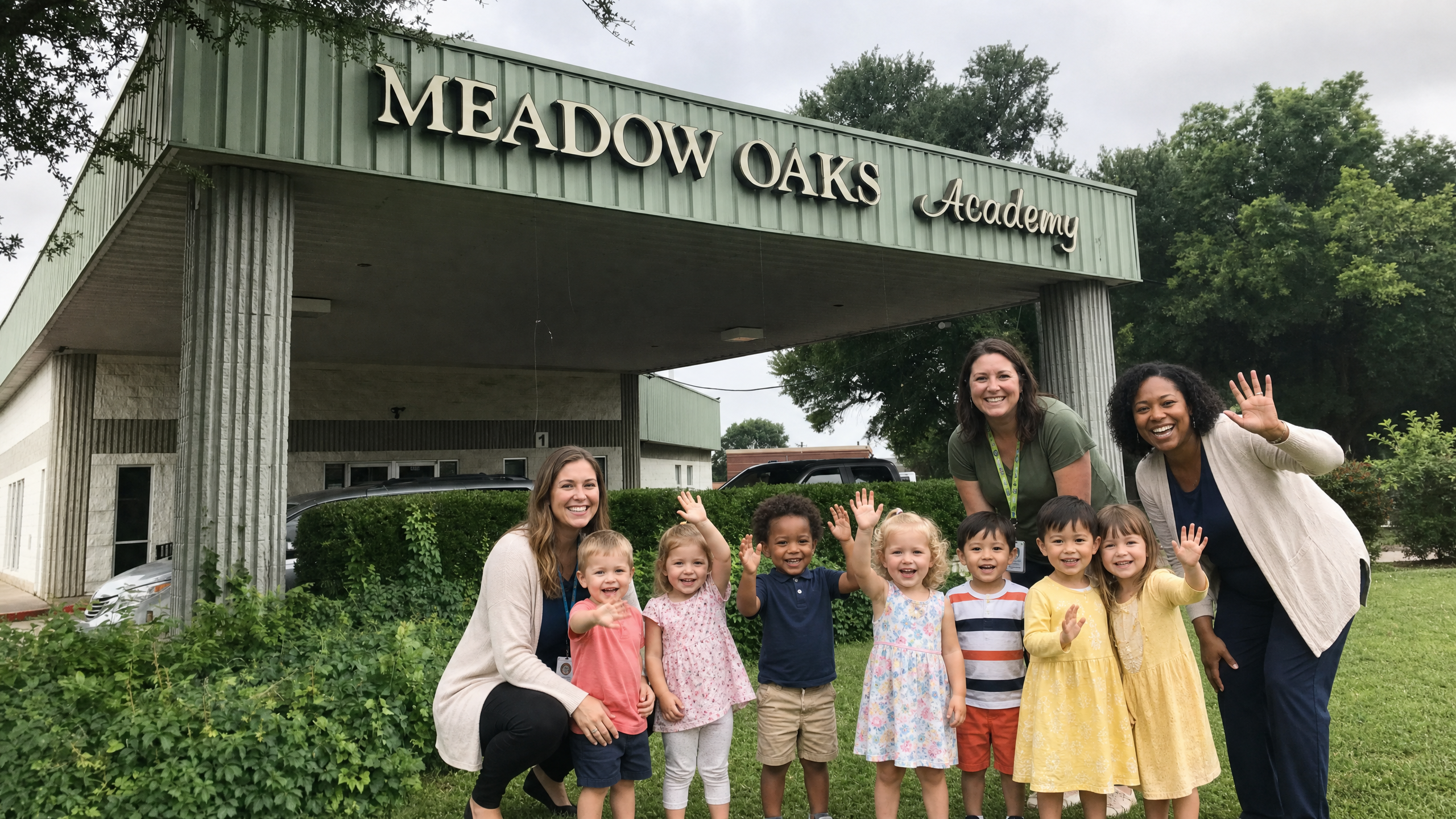 Meadow Oaks Academy Mesquite campus with teachers and children
