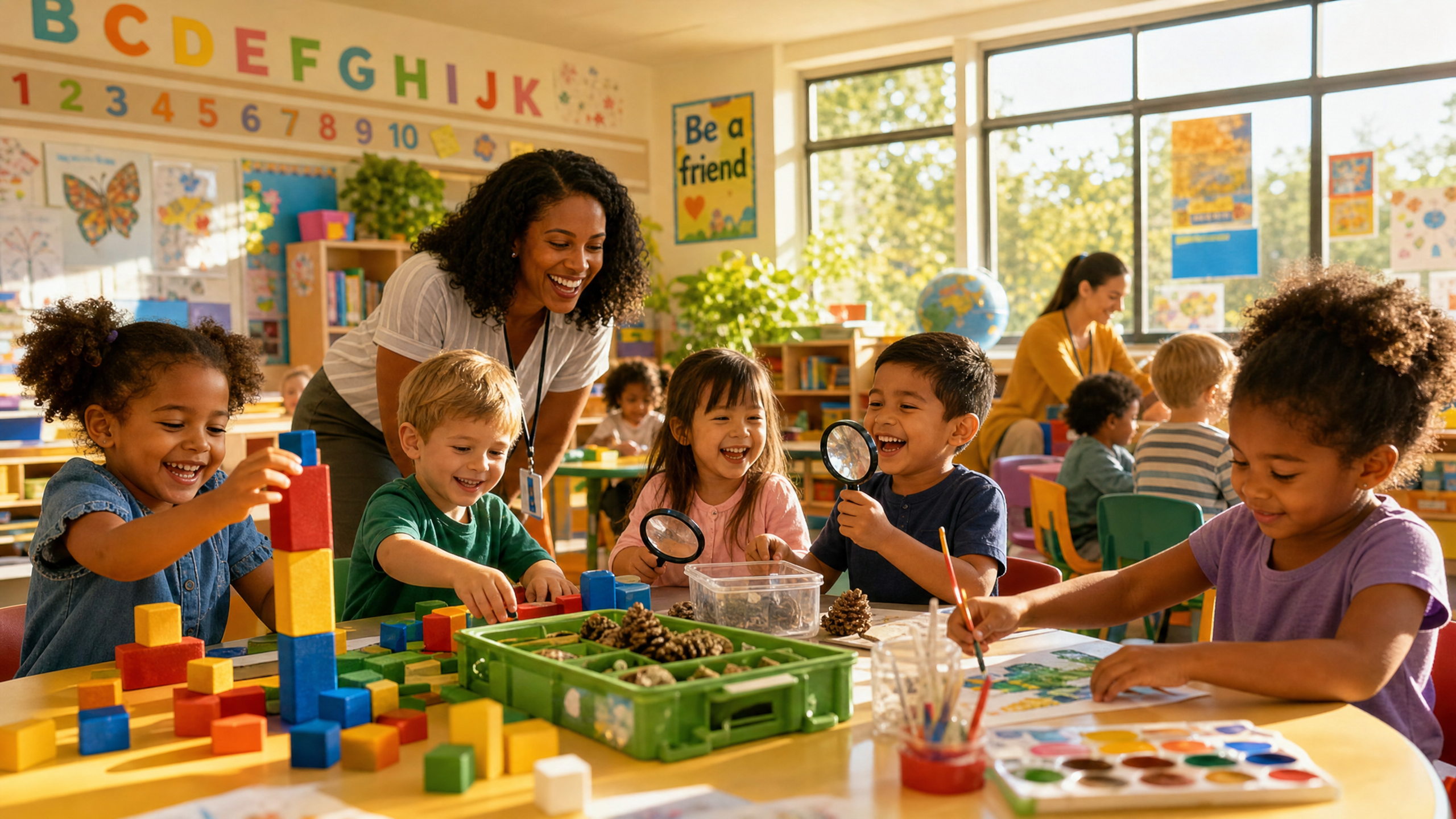 Children learning in a bright STEM classroom at Meadow Oaks Academy